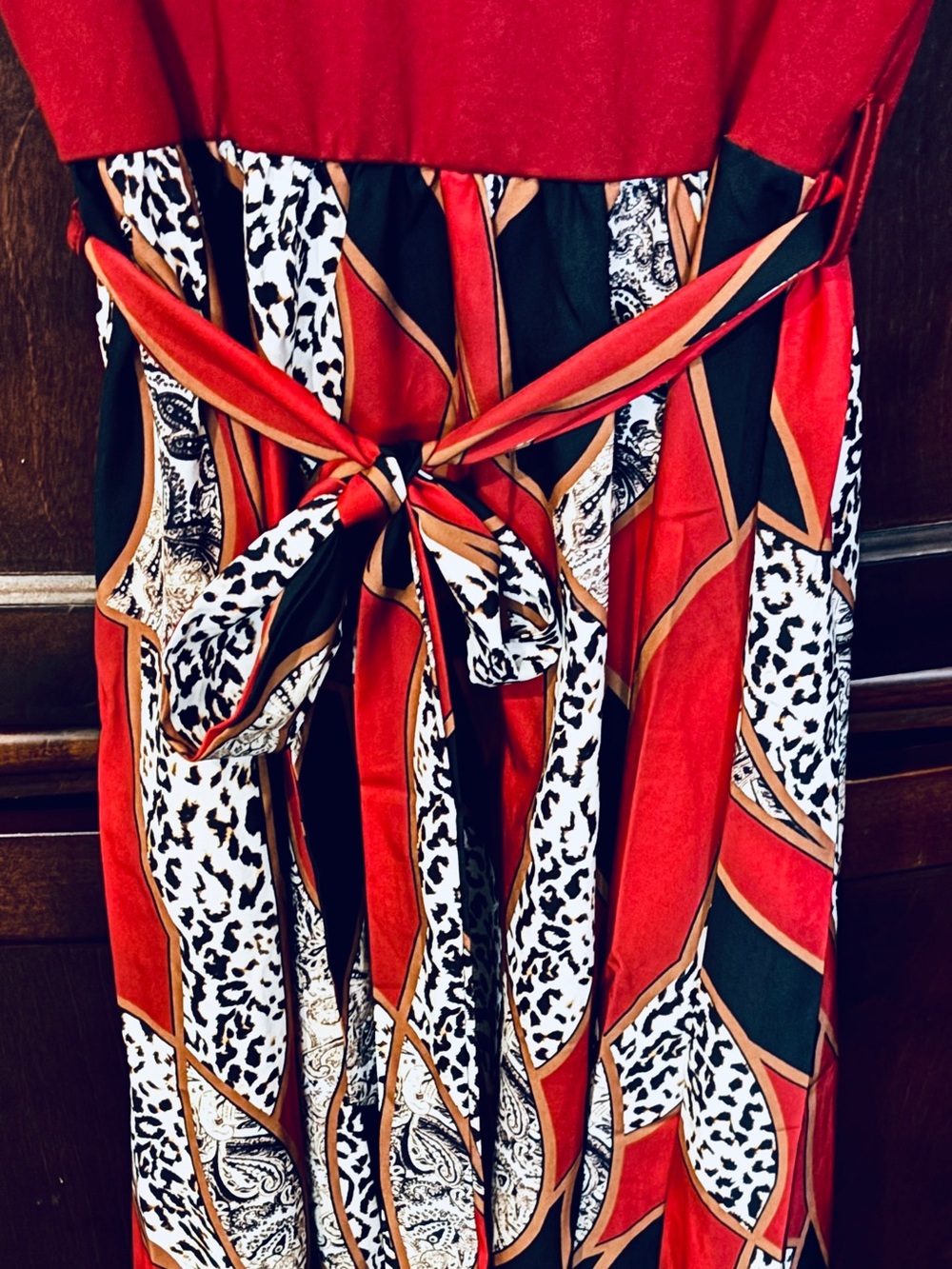 Red Patterned Midi Dress with Waist Tie